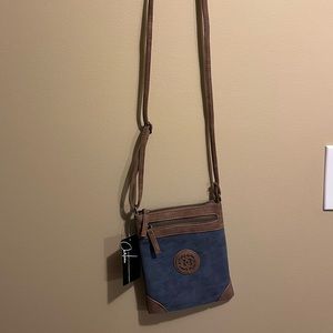 Chateau International Crossbody Purse- Blue Suede with Brown Leather